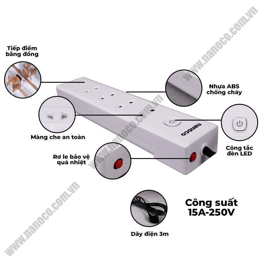 Ổ CẮM NANOCO NES5215-3 15A 250V 3750W CHÍNH HÃNG