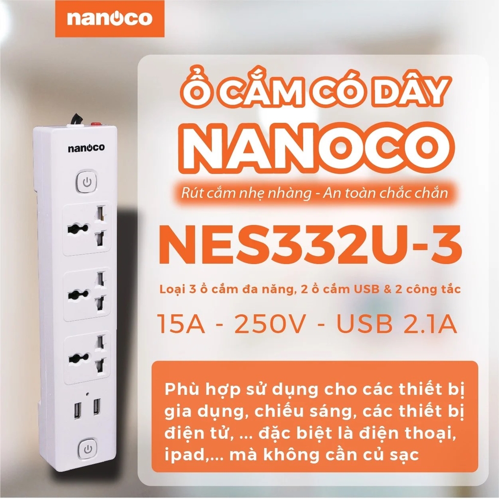 Ổ CẮM NANOCO NES332U-3 15A 250V 3750W  CHÍNH HÃNG