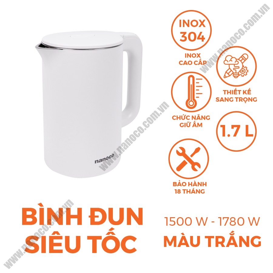 BÌNH ĐUN SIÊU TỐC, CA SIÊU TỐC NKT-1750 INOX 304 NANOCO CHÍNH HÃNG 1.7 LÍT