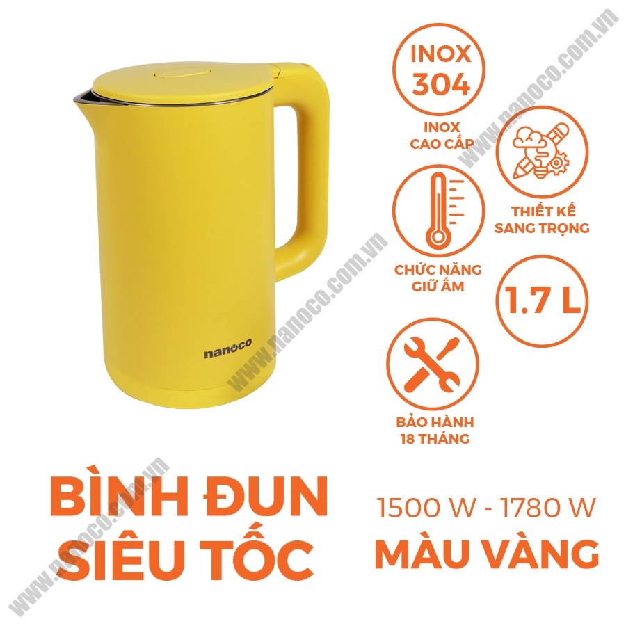 BÌNH ĐUN SIÊU TỐC, CA SIÊU TỐC NKT-1750 INOX 304 NANOCO CHÍNH HÃNG 1.7 LÍT