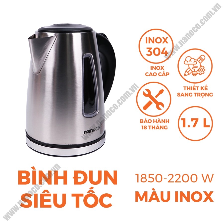 BÌNH ĐUN SIÊU TỐC, CA SIÊU TỐC NKT -1762 INOX 304  NANOCO CHÍNH HÃNG 1.7 LÍT