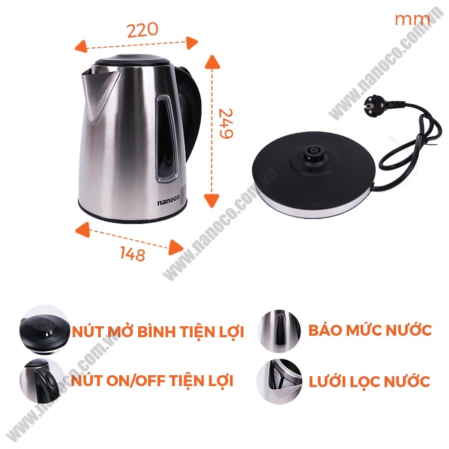 BÌNH ĐUN SIÊU TỐC, CA SIÊU TỐC NKT -1762 INOX 304  NANOCO CHÍNH HÃNG 1.7 LÍT