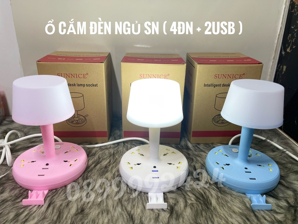 ĐÈN BÀN LED, ĐÈN NGỦ SUNNICE TÍCH HỢP 4 Ổ CẮM ĐA NĂNG, 2 Ổ USB (TRẮNG - HỒNG - XANH)