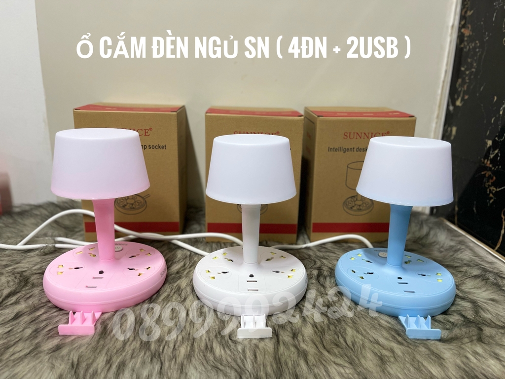 ĐÈN BÀN LED, ĐÈN NGỦ SUNNICE TÍCH HỢP 4 Ổ CẮM ĐA NĂNG, 2 Ổ USB (TRẮNG - HỒNG - XANH)