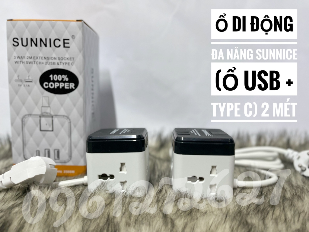 Ổ cắm đa năng di động SUNNICE 3 ổ đa năng, 2 USB, 1 type C dây dài 2 mét