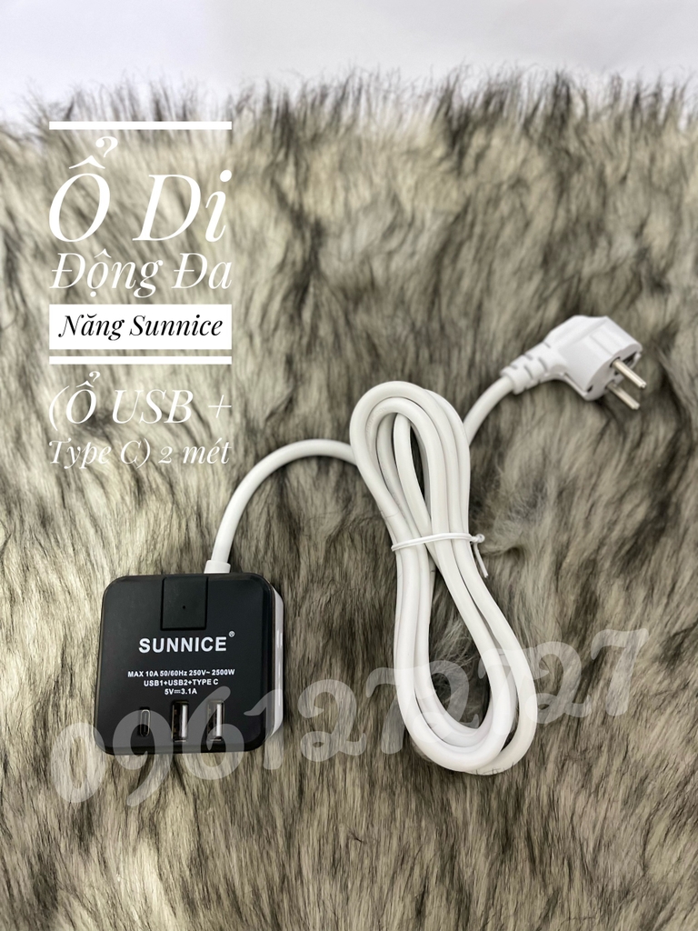 Ổ cắm đa năng di động SUNNICE 3 ổ đa năng, 2 USB, 1 type C dây dài 2 mét