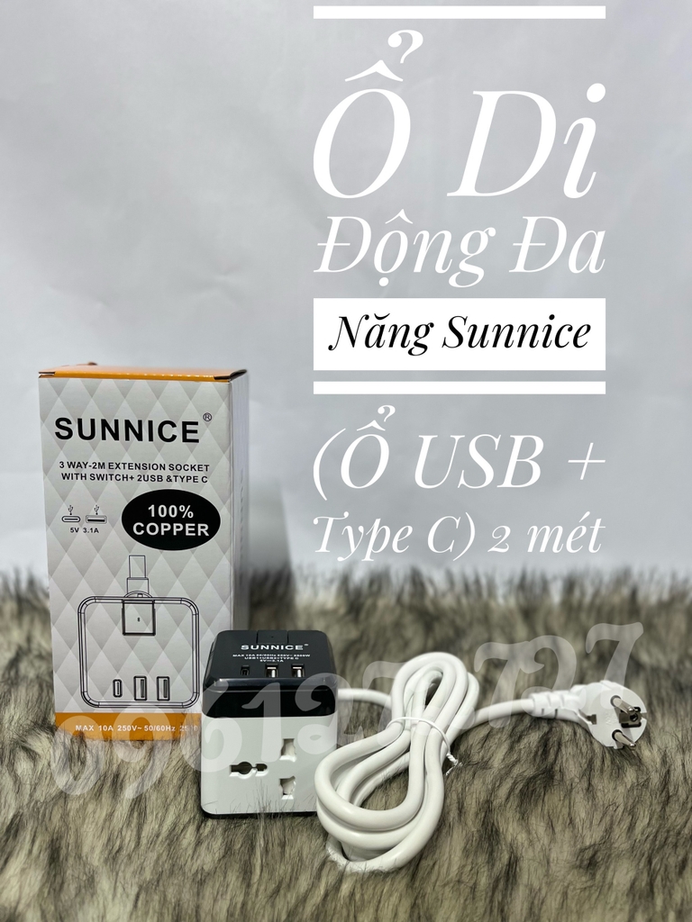 Ổ cắm đa năng di động SUNNICE 3 ổ đa năng, 2 USB, 1 type C dây dài 2 mét