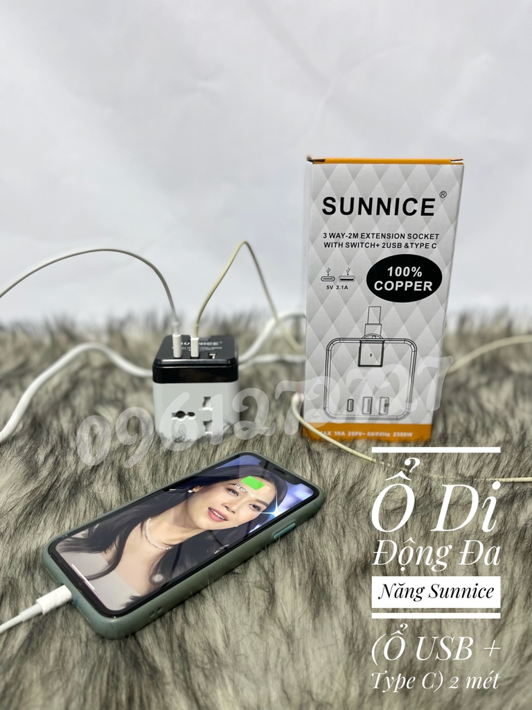 Ổ cắm đa năng di động SUNNICE 3 ổ đa năng, 2 USB, 1 type C dây dài 2 mét