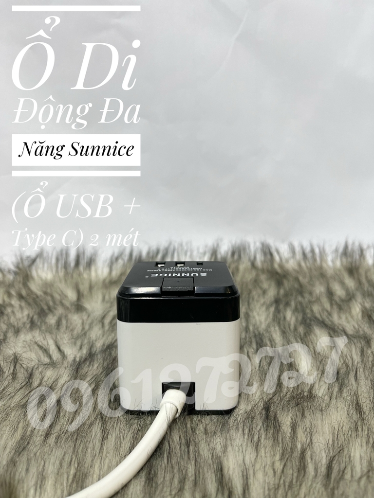 Ổ cắm đa năng di động SUNNICE 3 ổ đa năng, 2 USB, 1 type C dây dài 2 mét