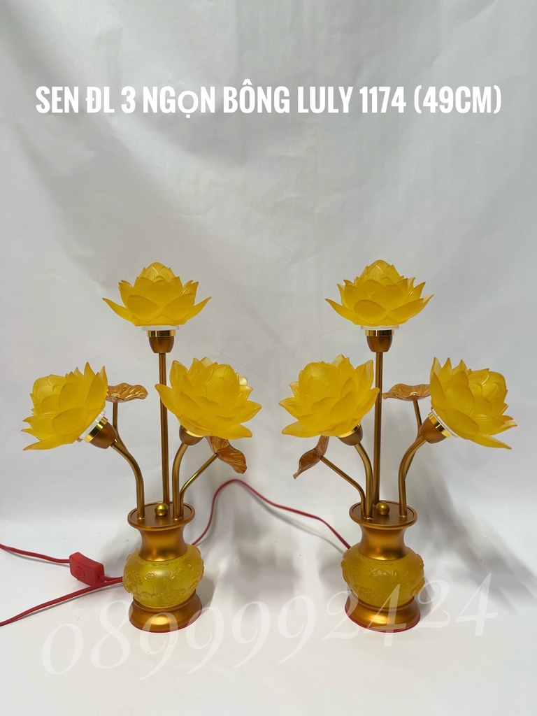 ĐÈN THỜ LƯU LY 3 NGỌN MÀU VÀNG 1174 (49CM) GIÁ BÁN 1 CẶP