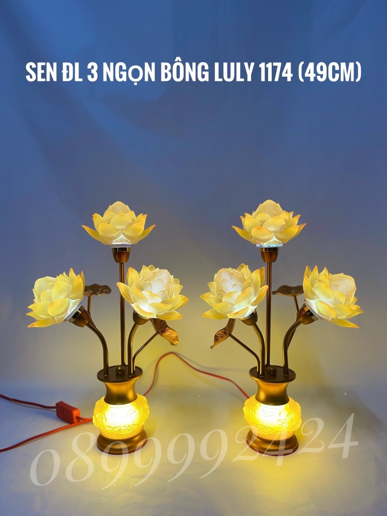 ĐÈN THỜ LƯU LY 3 NGỌN MÀU VÀNG 1174 (49CM) GIÁ BÁN 1 CẶP