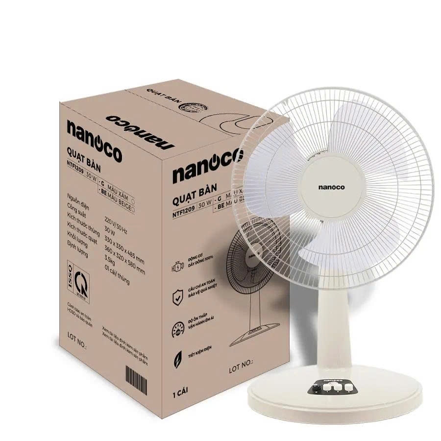 Quạt bàn nanoco, 30W, NTF1209 ( màu hồng, màu beige, màu xám)