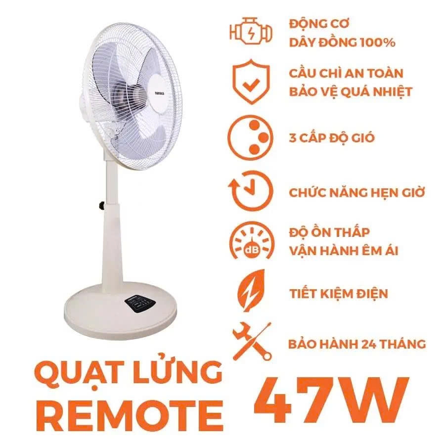 Quạt lửng remote nanoco, NLF1624RC (màu xanh, màu beige)
