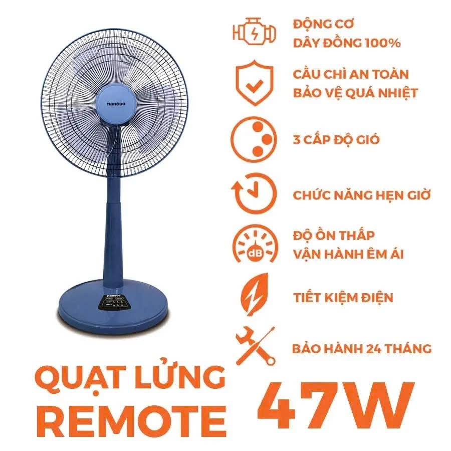 Quạt lửng remote nanoco, NLF1624RC (màu xanh, màu beige)