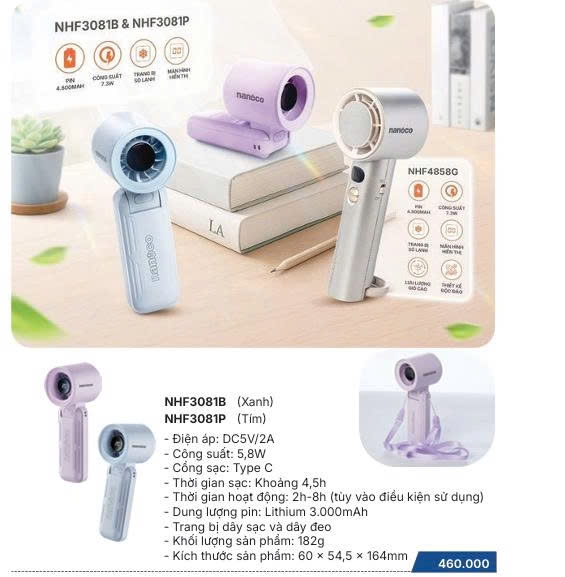 Quạt sạc cầm tay NHF3081 ( MÀU XANH, MÀU TÍM)