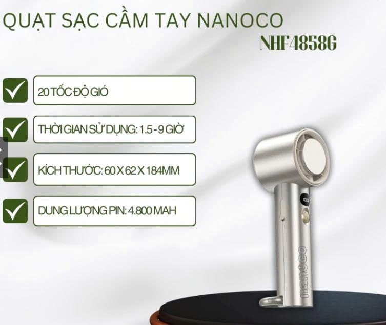 Quạt sạc cầm tay, màu vàng đồng, có sò lạnh NHF4858G