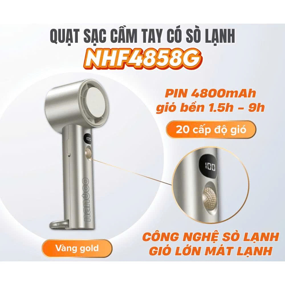 Quạt sạc cầm tay, màu vàng đồng, có sò lạnh NHF4858G