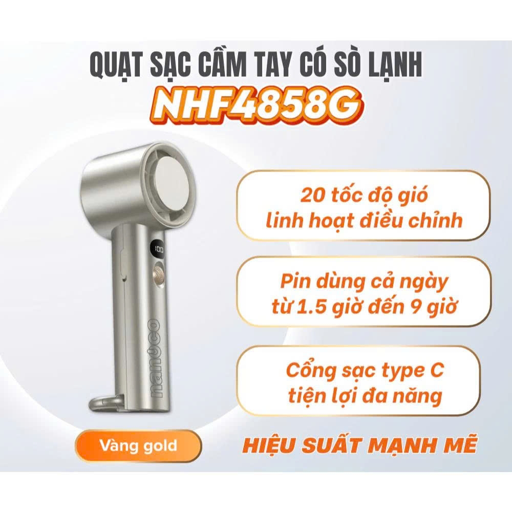 Quạt sạc cầm tay, màu vàng đồng, có sò lạnh NHF4858G