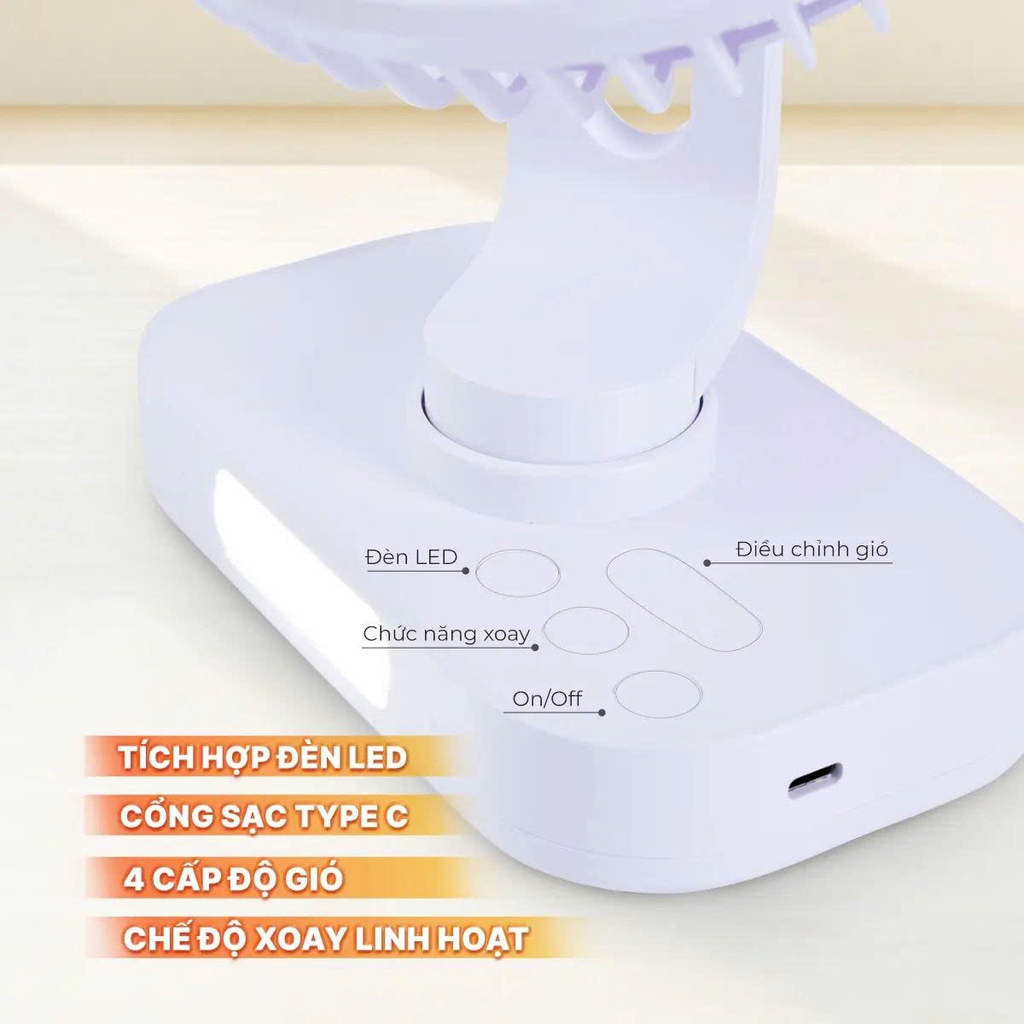 Quạt sạc 6inch, màu trắng, có xoay, đèn NRF6219W ( màu trắng)