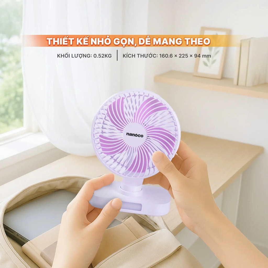 Quạt sạc 6inch, màu trắng, có xoay, đèn NRF6219W ( màu trắng)