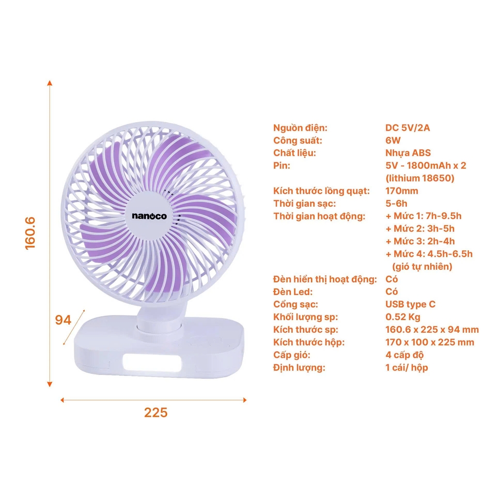 Quạt sạc 6inch, màu trắng, có xoay, đèn NRF6219W ( màu trắng)