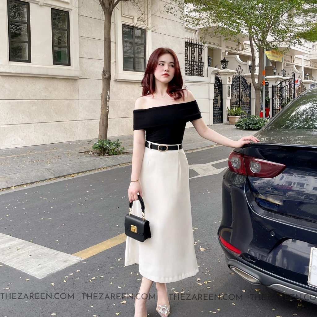 Váy basic trắng viền đen - Dương Fashion