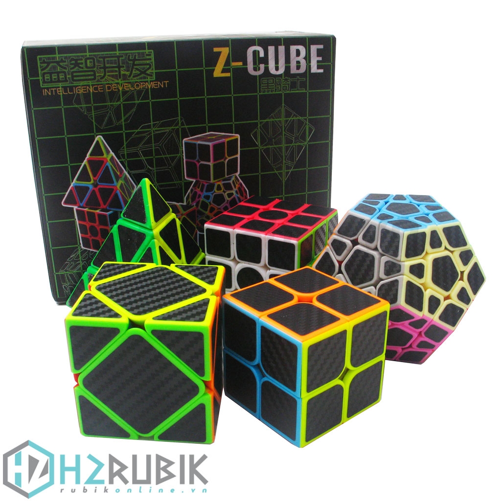 Combo Rubik Carbon 5 chiếc - Z-Cube Five Cubes Set with black carbon-fibre stickers