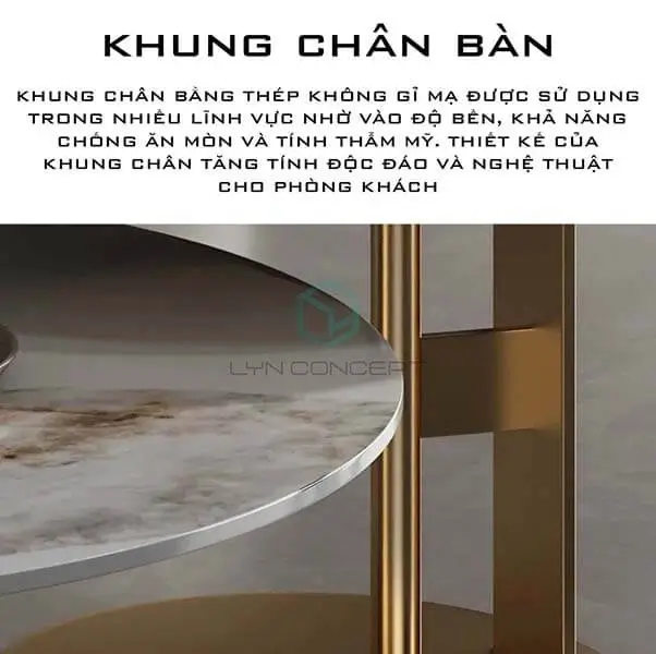 Chân inox mạ vàng bàn sofa tròn đôi mặt đá BTN-K03
