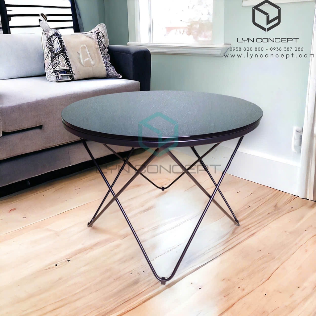 Bàn Trà Tròn Mặt Kính Đen Chân Sắt Kiểu Vương Miện Sơn Đen - BT12X