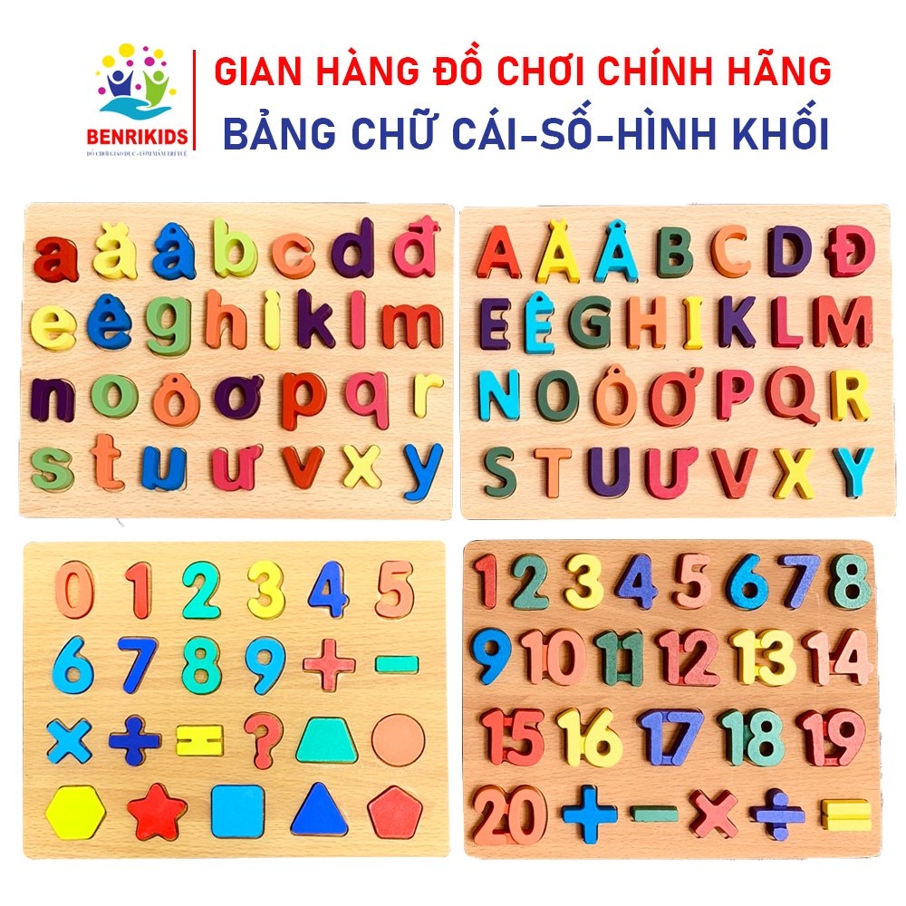 Bộ 4 Bảng Ghép Thông Minh Chữ Cái, Số Nổi Bằng Gỗ Cho Bé Học Chữ