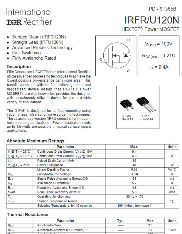 Linh kiện IRFR120N kiểu chân TO-252