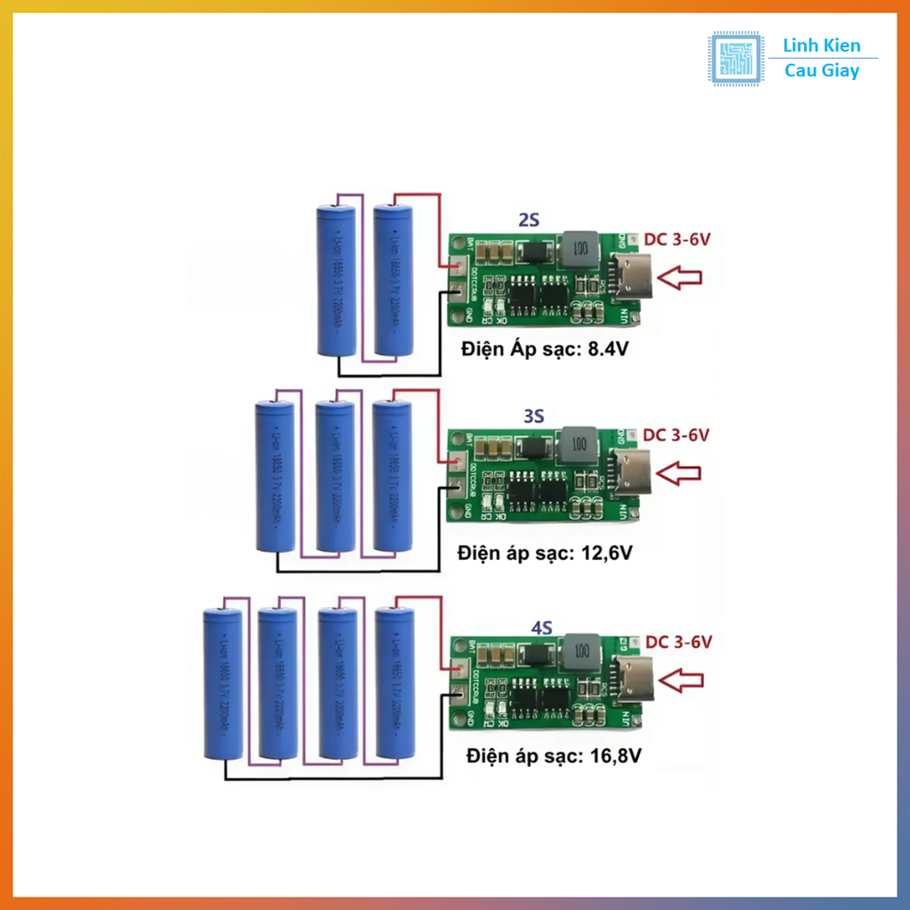 Module sạc pin Lion 2s 3s 4s 1A cổng Type-C