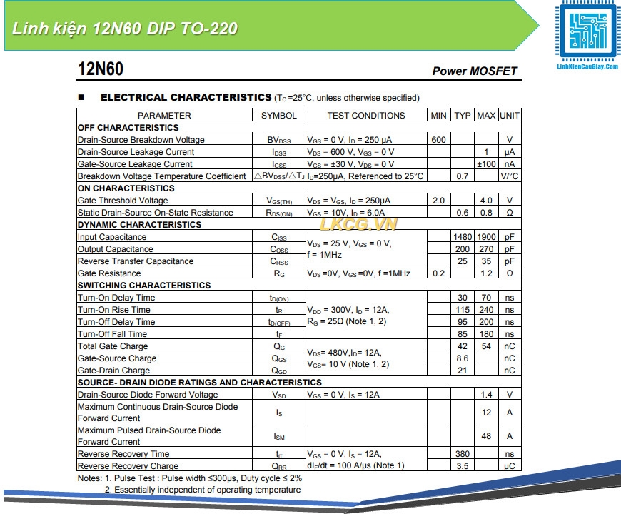 Linh kiện 12N60 DIP TO-220