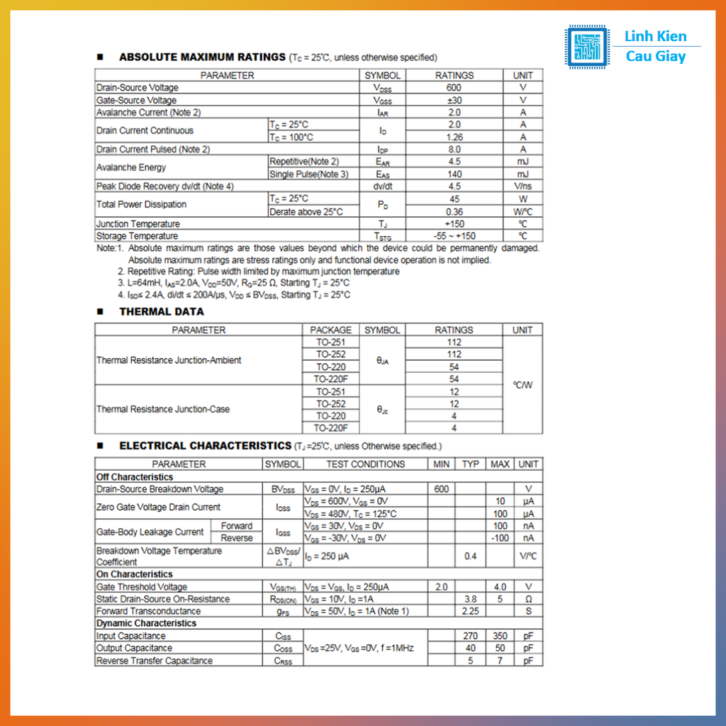 Linh kiện 2N60 DIP TO-220 600V kênh N