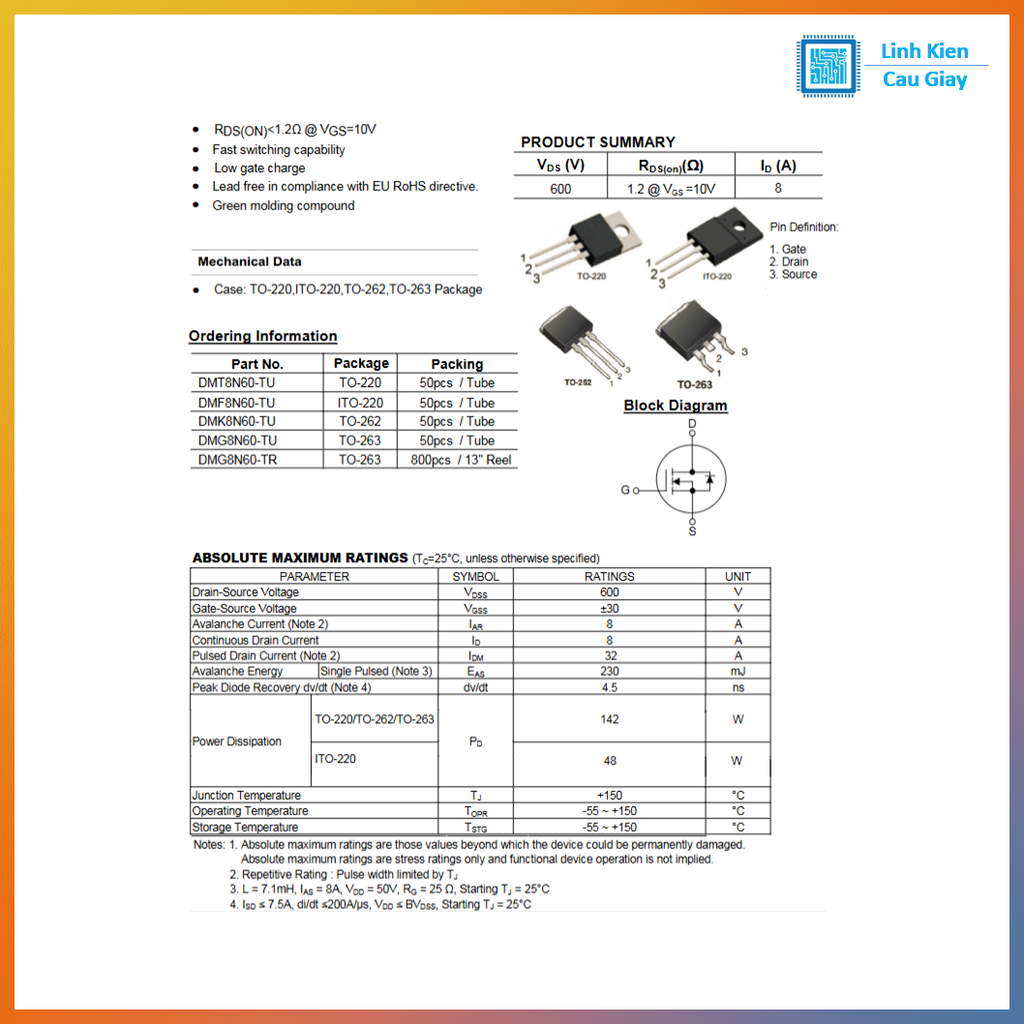 Linh kiện 8N60 TO-252 600V 8A kênh N