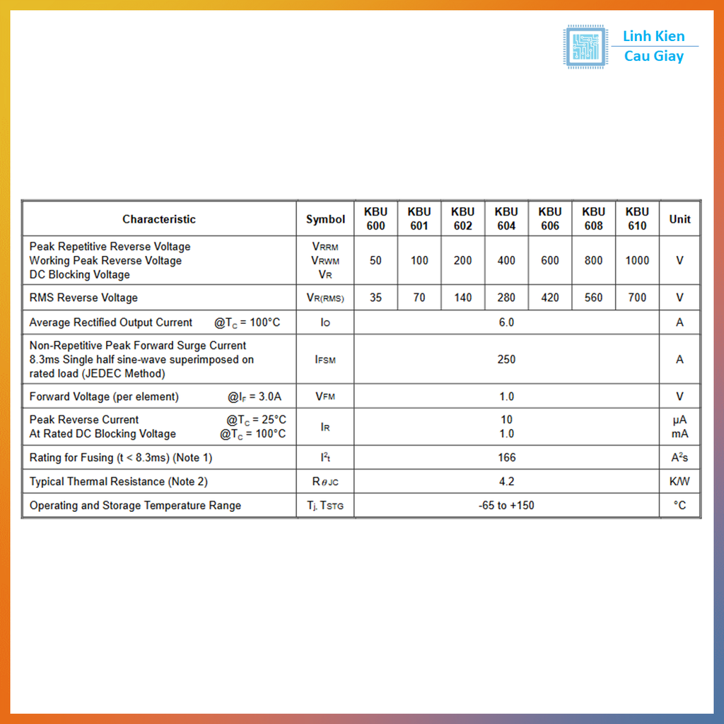Linh kiện Diode KBU608 8A 600V