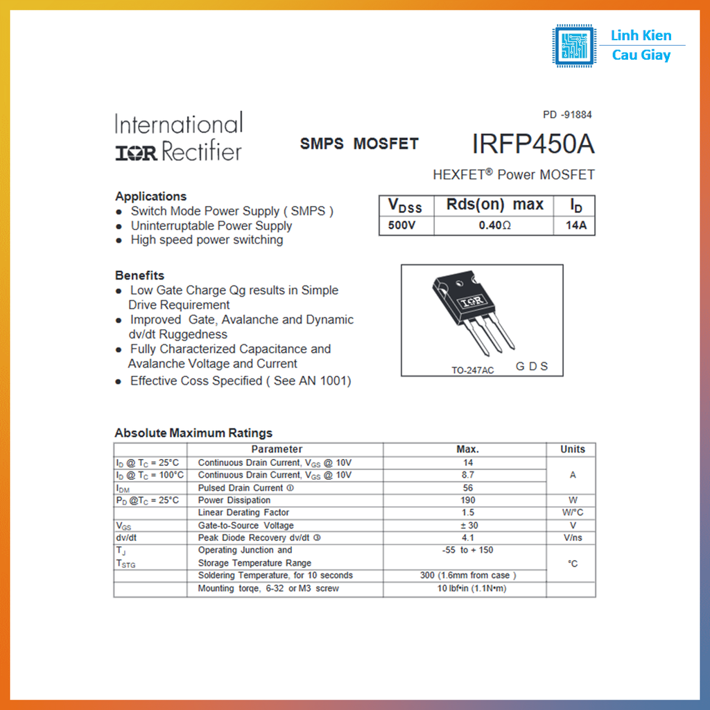 Linh kiện IRFP450A DIP TO-247 500V 14A kênh N