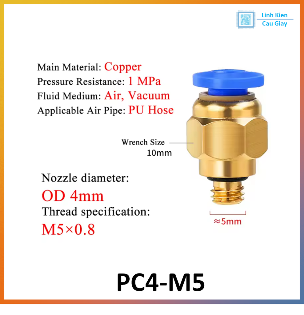 Đầu nối hơi nhanh ống Phi 4 PC4 bằng đồng