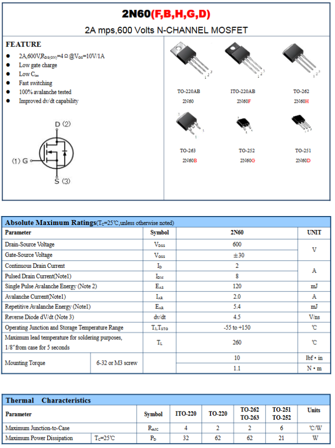 Linh kiện 2N60 TO-252 600V 2A kênh N