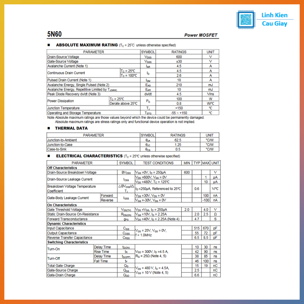 Linh kiện 5N60 TO-252 600V 5A kênh N