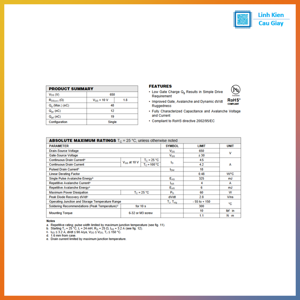 Linh kiện 4N60C DIP TO-220 600V kênh N