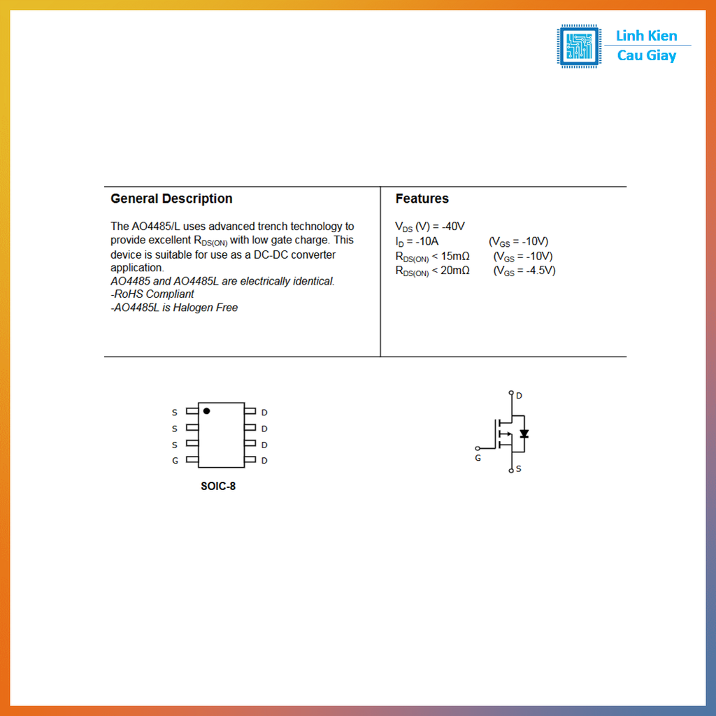 Linh kiện Mosfet AO4485 Chân dán SOP-8