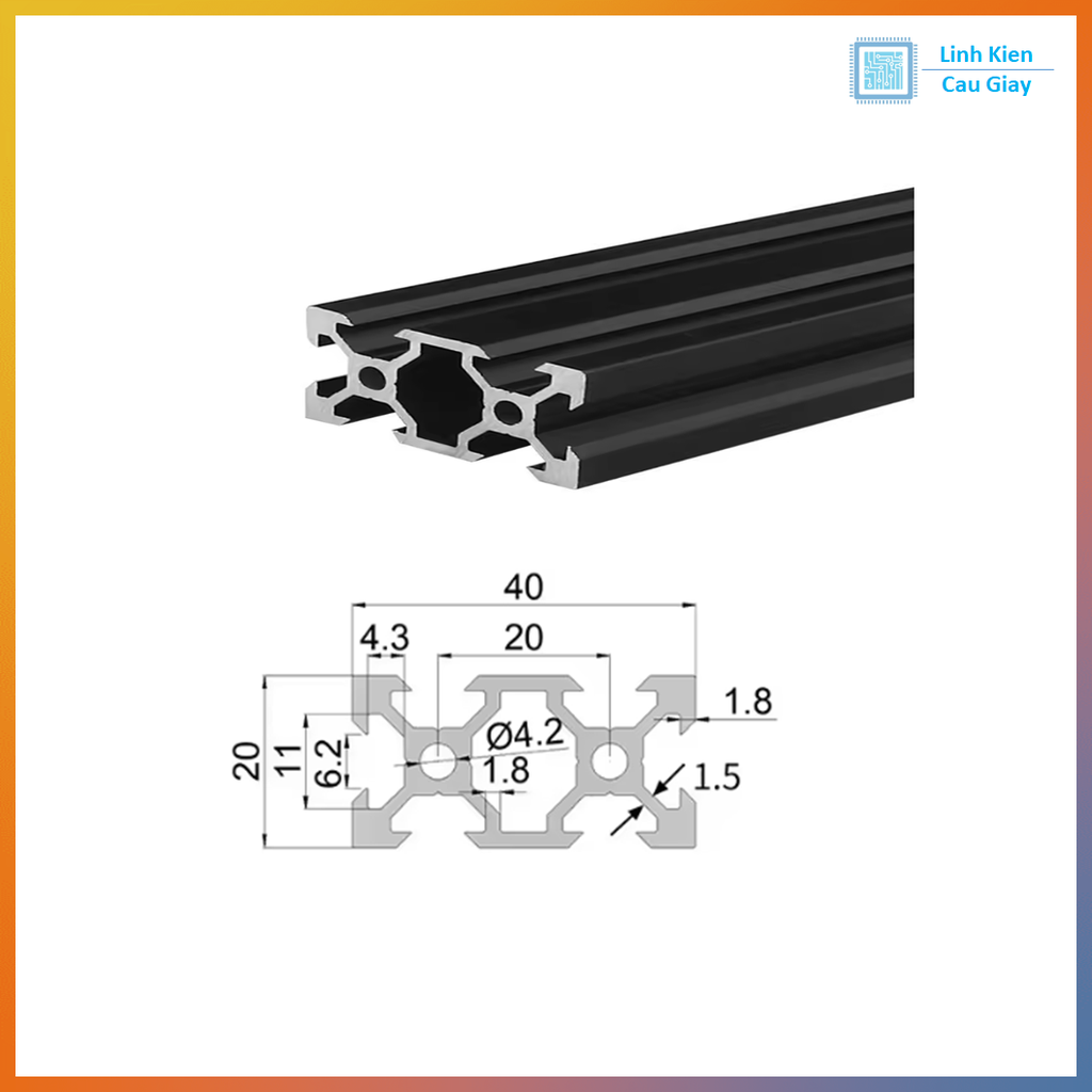 Nhôm định hình V slot 2040 Anot đen (1m)