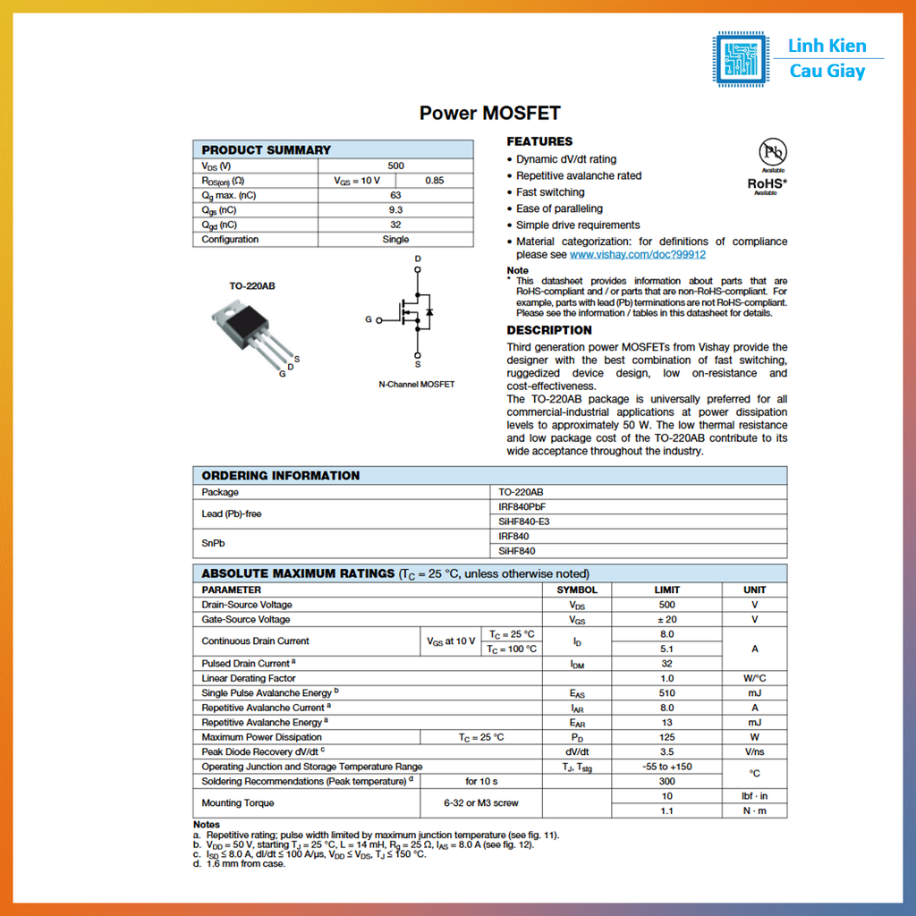 Linh kiện IRF840 DIP TO220 500V kênh N