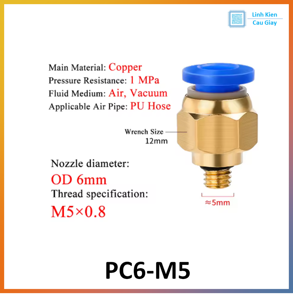 Đầu nối hơi nhanh ống Phi 6 (PC6) bằng đồng