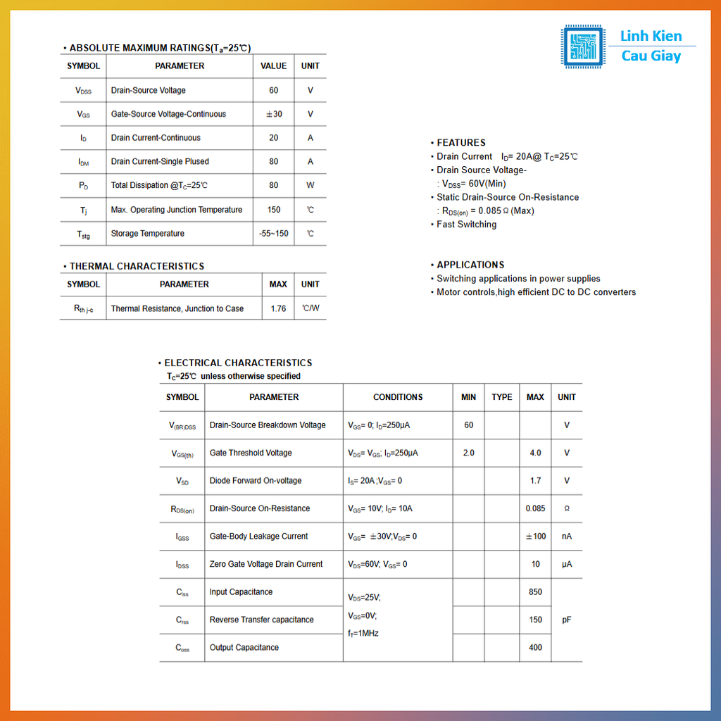 Linh kiện 20N06 TO-252 60V 20A kênh N