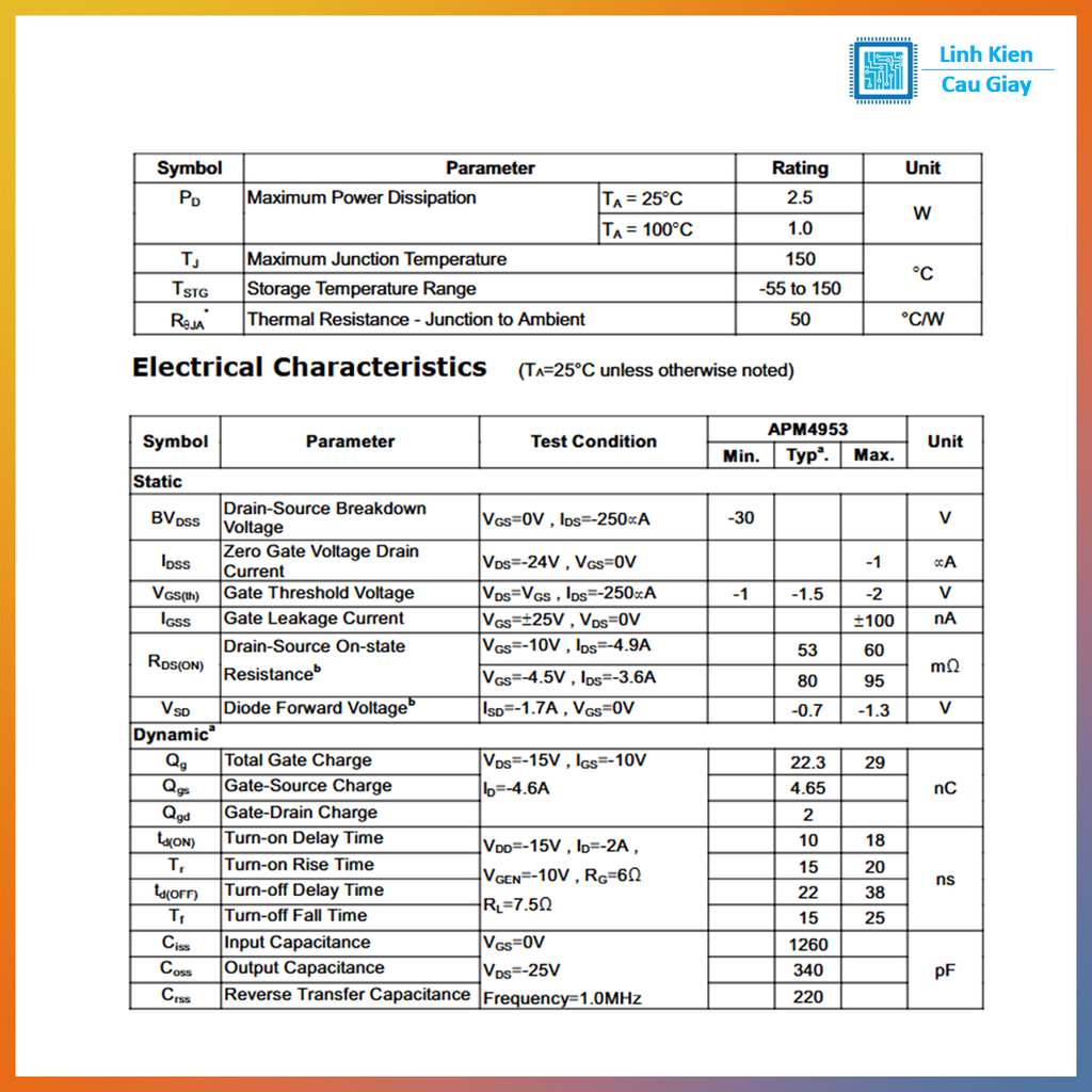 Linh kiện Mosfet APM4953 4953 Chân dán SOP23 (SL:5 chiếc)
