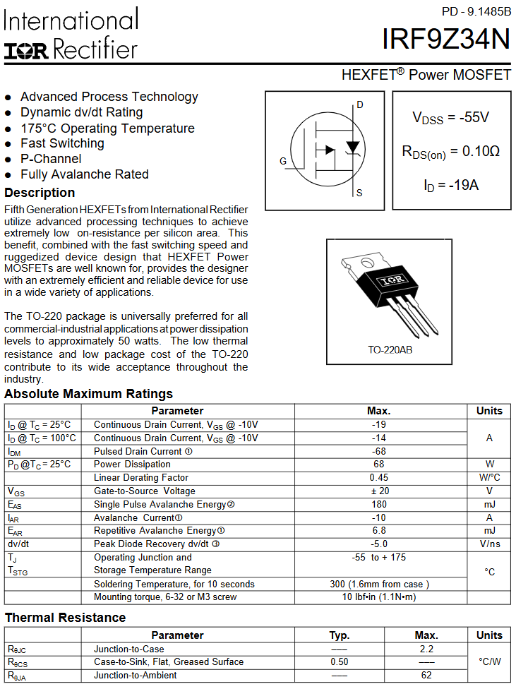 Linh kiện IRF9Z34N DIP TO-220 kênh P