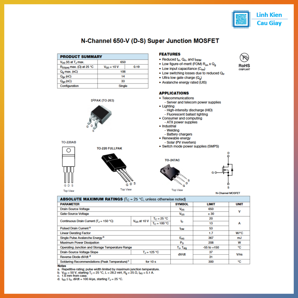 Linh kiện 20N60 TO-252 600V 20A kênh N