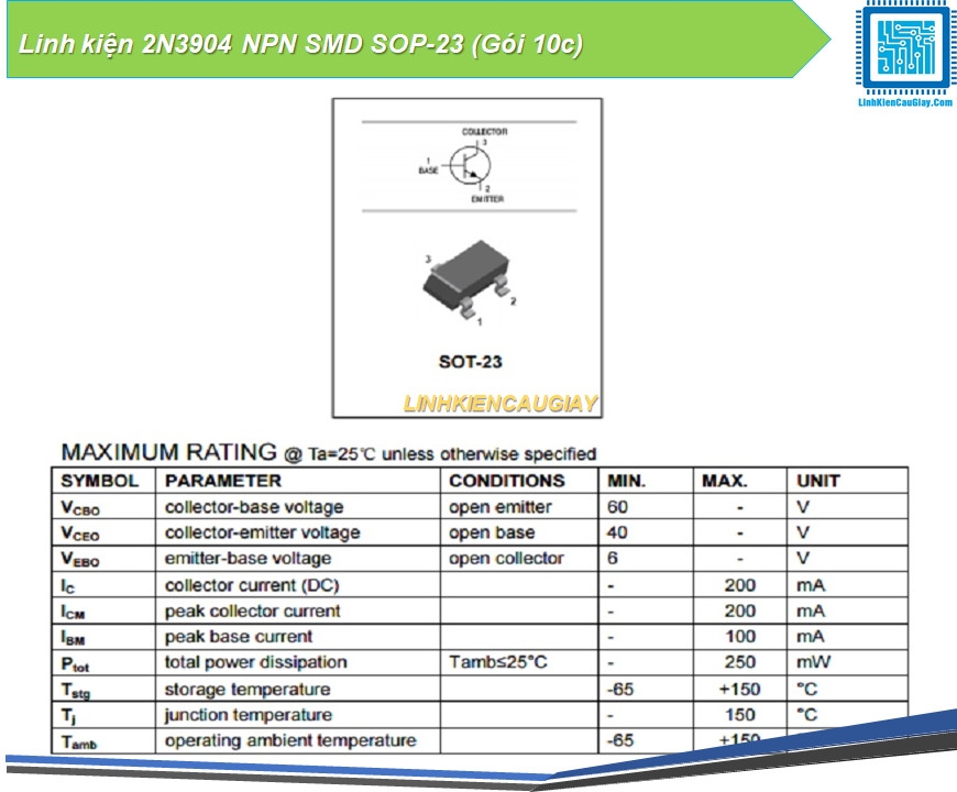 Linh kiện 2N3904 NPN SMD SOP-23 (Gói 10c)